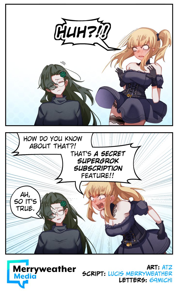 at2., merryweather, ani (xai), xai (company), commentary, english commentary, highres, 2girls, artist name, asymmetrical bangs, bare shoulders, black collar, black dress, black gloves, black shirt, blonde hair, blue eyes, blush, border, breasts, chatgpt, cleavage, closed eyes, collar, dress, embarrassed, emphasis lines, english text, full-face blush, glasses, gloves, green hair, hair ornament, large breasts, logo, logo hair ornament, long hair, looking at another, multiple girls, off-shoulder dress, off shoulder, open mouth, round eyewear, shirt, shouting, simple background, speech bubble, talking, turtleneck, turtleneck shirt, twintails, white background, white border