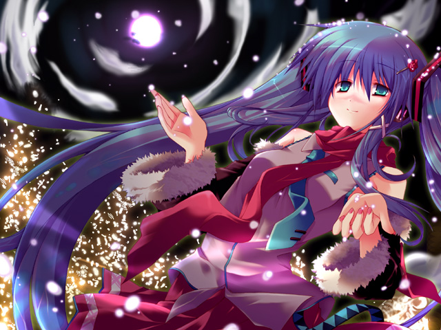 utsurogi angu, hatsune miku, vocaloid, 1girl, detached sleeves, dutch angle, female focus, full moon, fur trim, hair ornament, hairclip, long hair, looking at viewer, moon, nail polish, necktie, red nails, red scarf, scarf, smile, snowing, solo, very long hair