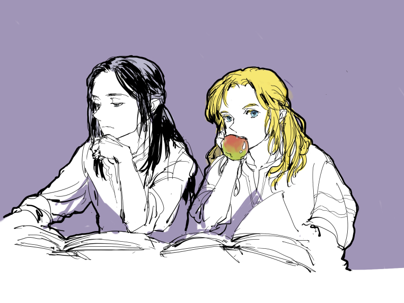 pixiv id 9475840, ecthelion, glorfindel, the silmarillion, tolkien's legendarium, 2boys, apple, black hair, blonde hair, blue eyes, book, closed mouth, eating, food, fruit, head rest, long hair, looking at viewer, male focus, multiple boys, purple background, reading, simple background