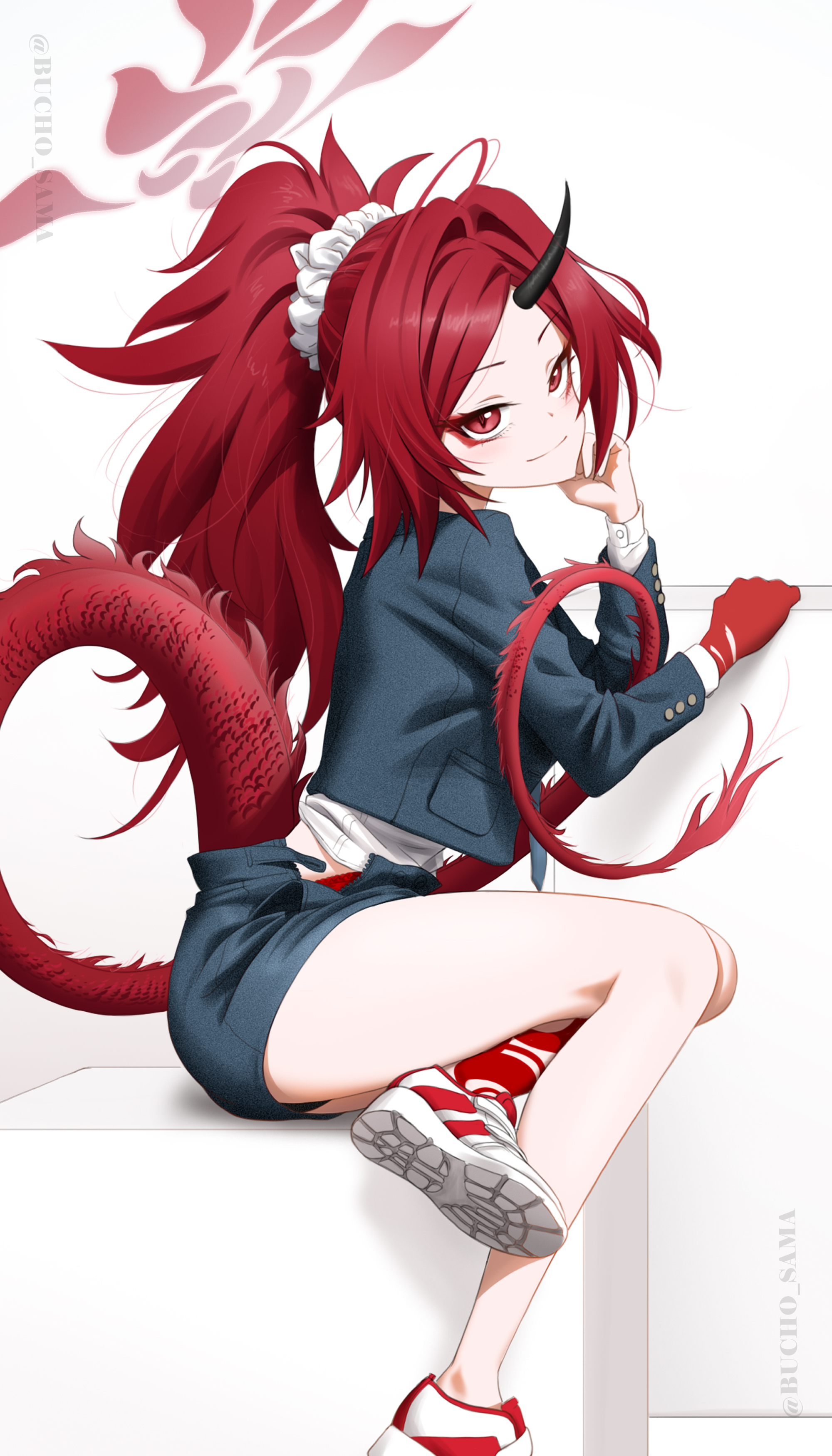 bucho sama, renge (blue archive), blue archive, absurdres, highres, 1girl, alternate costume, black horns, black panties, dragon girl, dragon horn, dragon tail, eyeshadow, grey jacket, grey skirt, halo, horns, jacket, long hair, long sleeves, makeup, miniskirt, panties, panty peek, ponytail, red eyes, red eyeshadow, red hair, red halo, red tail, school uniform, shirt, shoes, single horn, sitting, skirt, smile, sneakers, solo, tail, underwear, very long hair, white shirt