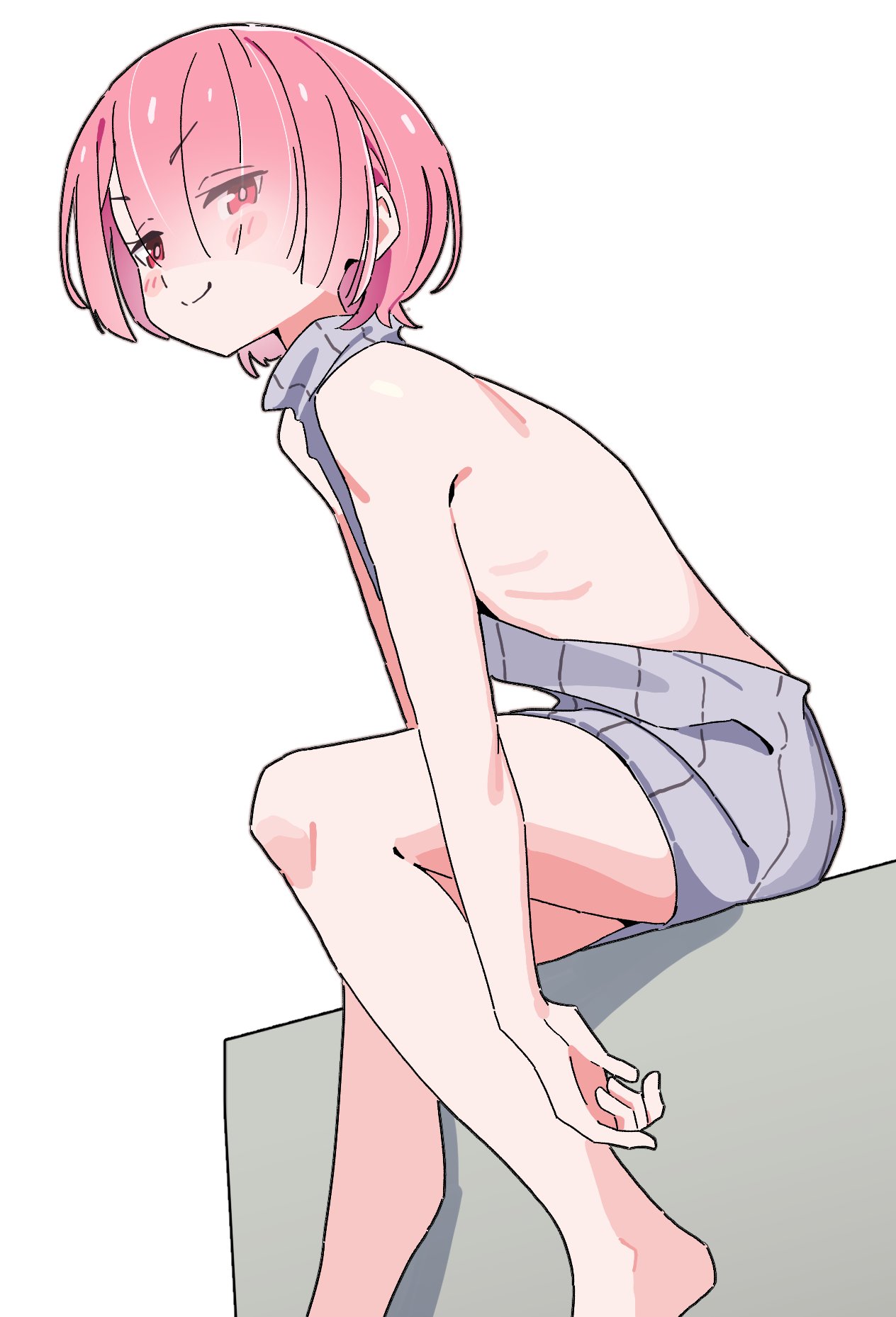 noyama takenoko, ram (re:zero), re:zero kara hajimeru isekai seikatsu, commentary request, highres, 1girl, backless dress, backless outfit, bare arms, bare legs, bare shoulders, barefoot, blush stickers, dress, eyes visible through hair, grey dress, grey sweater, hair over one eye, looking at viewer, pink hair, red eyes, short hair, sitting, smile, solo, sweater, sweater dress, turtleneck, turtleneck dress, turtleneck sweater, v-shaped eyebrows, virgin killer sweater