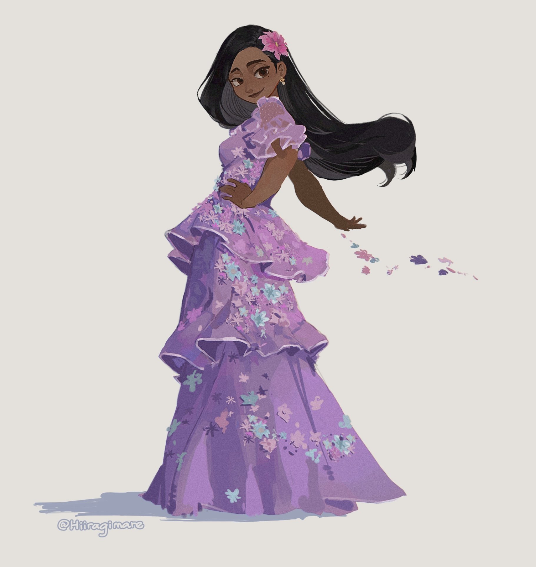 hiiragimare, isabela madrigal, encanto, commentary, highres, 1girl, black hair, brown eyes, dark-skinned female, dark skin, dress, earrings, floating hair, flower, full body, hair flower, hair ornament, hand on own hip, jewelry, long dress, long hair, mole, purple dress, see-through clothes, see-through sleeves, solo, twitter username, very dark skin