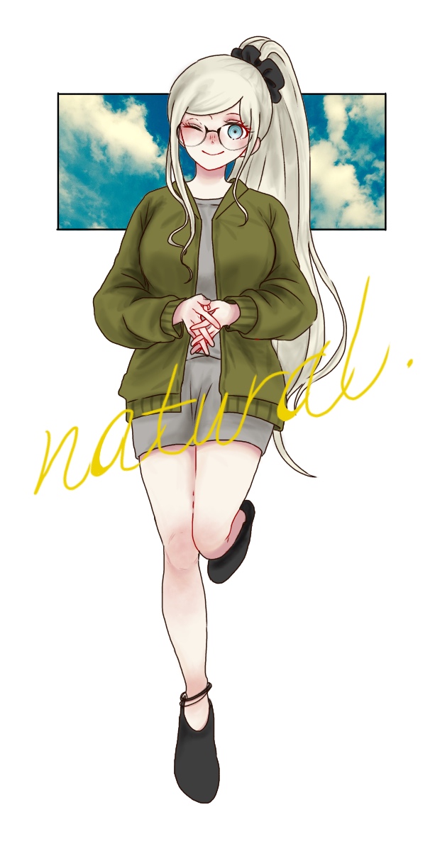 kiri (2htkz), sonia nevermind, danganronpa (series), danganronpa 2: goodbye despair, commentary request, highres, 1girl, ;), alternate costume, black shoes, blonde hair, blue eyes, blue sky, breasts, closed mouth, cloud, english text, eyelashes, full body, glasses, green jacket, grey shirt, grey shorts, jacket, long hair, one eye closed, open clothes, open jacket, own hands together, ponytail, shirt, shoes, shorts, sky, smile, solo