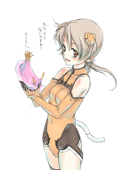 satou atsuki, sonomiya karen, sky girls, pilot suit, slime, translated, 00s, 1girl, :d, ahoge, animal, bare shoulders, blush, body blush, bodysuit, breasts, cable, covered navel, cowboy shot, elbow gloves, female focus, from side, gloves, grey hair, hair ribbon, halterneck, headgear, holding, holding animal, leotard, looking at viewer, low twintails, mecha pilot suit, motion slit, motionslit, open mouth, orange eyes, orange gloves, parted bangs, ribbon, sea slug, simple background, small breasts, smile, solo, thighhighs, turtleneck, twintails, white background, zipper