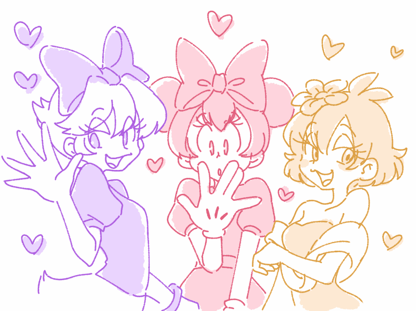 tomatok0, clarice (disney), daisy duck, minnie mouse, mickey mouse & friends, 3girls, animification, bow, brown hair, eyelashes, flower, hair flower, hair ornament, humanization, looking at viewer, multiple girls, open mouth, partially colored, personification, shirt, short hair, smile, upper body