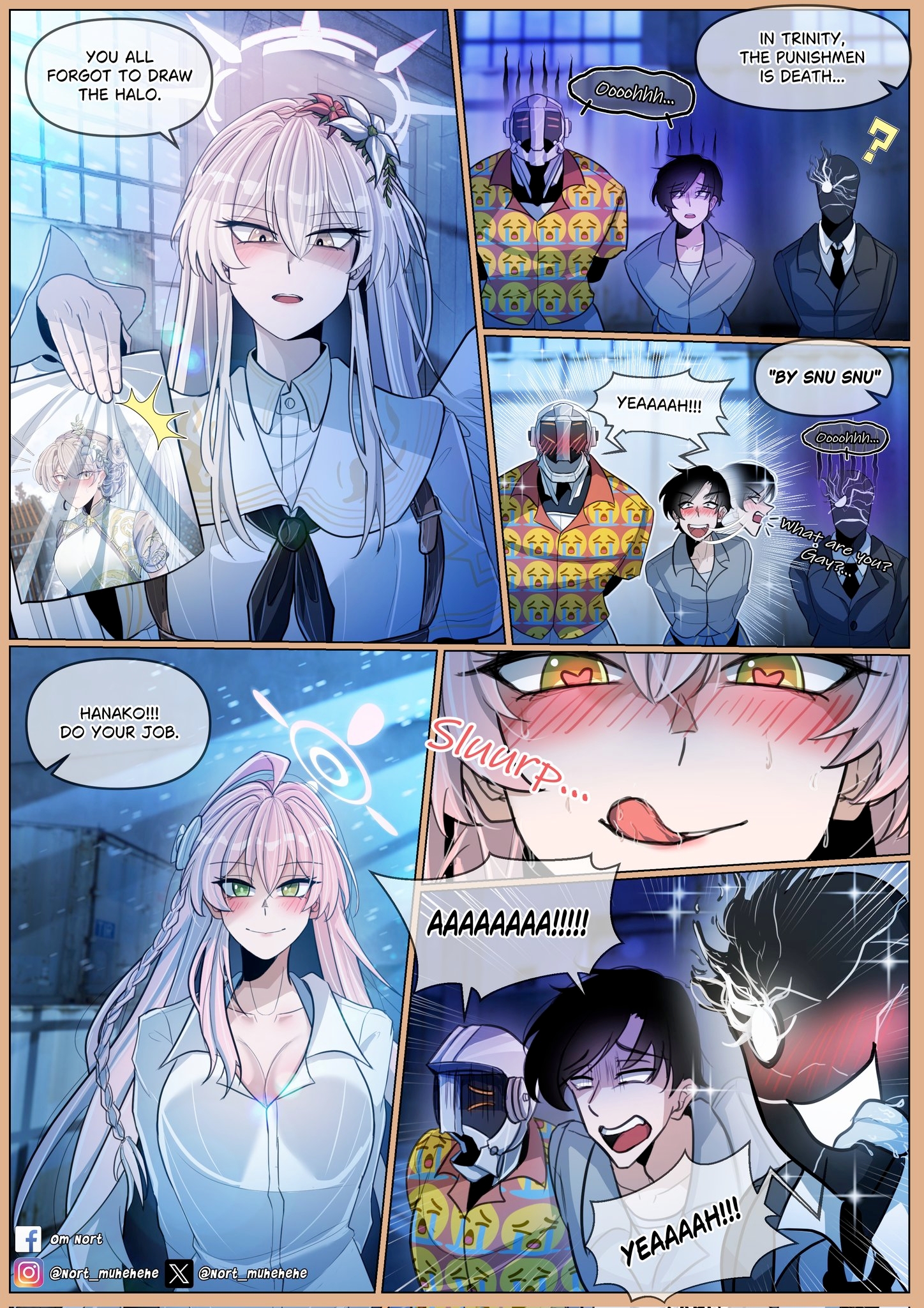 nort muhehehe, black suit (blue archive), hanako (blue archive), kaiser pmc director (blue archive), nagisa (blue archive), sensei (blue archive), blue archive, highres, 2girls, 3girls, ?, afterimage, blanket, blush, braid, breasts, facebook logo, flower, formal clothes, gloom (expression), green eyes, grey hair, hair flower, hair ornament, halo, heart, heart-shaped pupils, humanoid robot, instagram logo, instagram username, licking lips, long hair, looking at another, motion lines, multiple girls, necktie, nose blush, pink hair, print shirt, robot, saliva, saliva trail, shirt, shouting, side braid, single braid, smile, sparkle, suit, sweat, symbol-shaped pupils, tongue, tongue out, turn pale, twitter logo, twitter username, very long hair, yellow eyes