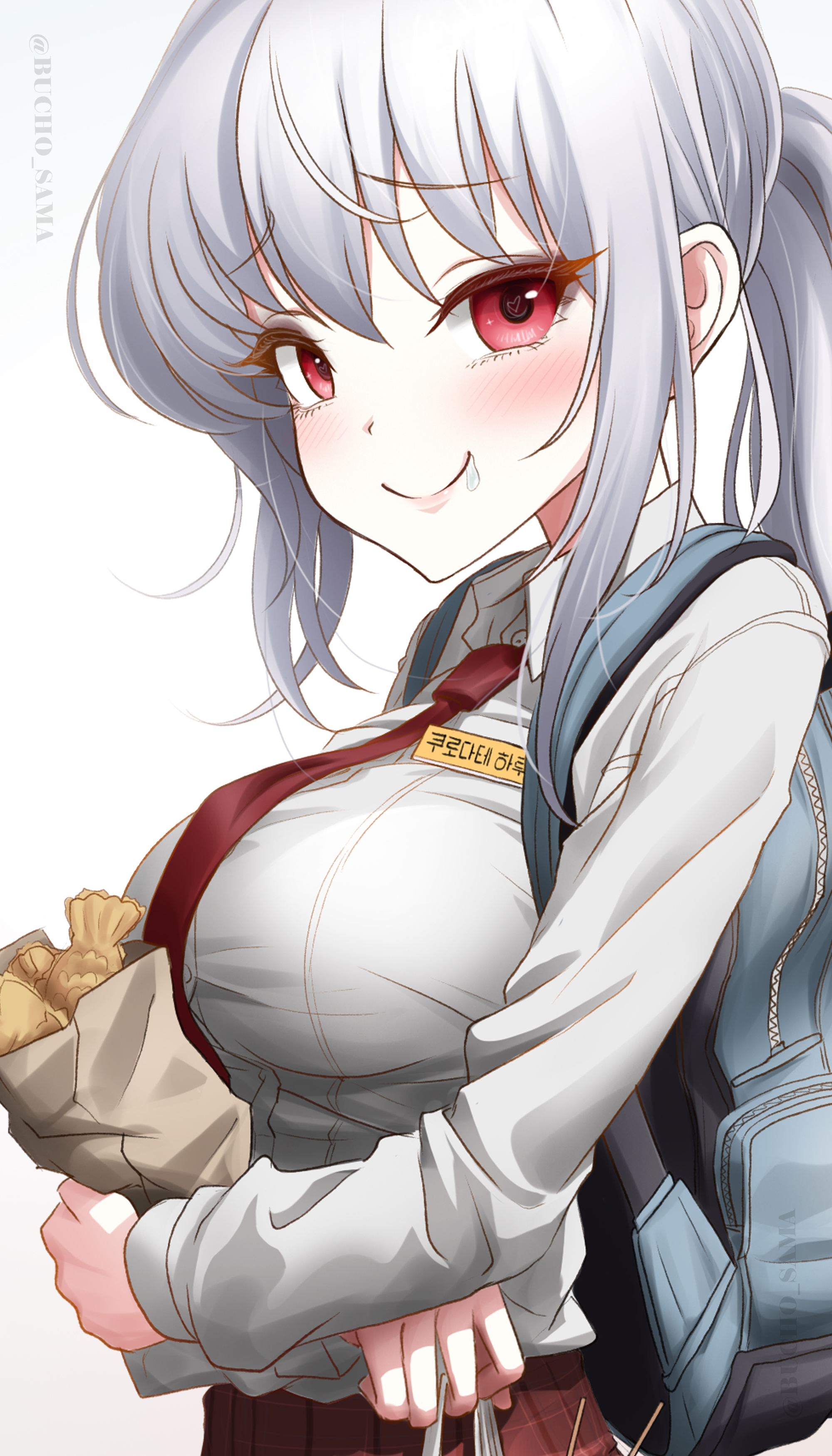 bucho sama, haruna (blue archive), blue archive, absurdres, highres, 1girl, ahoge, alternate costume, alternate hairstyle, backpack, bag, blush, demon wings, grey hair, halo, long hair, long sleeves, looking at viewer, necktie, over-kneehighs, pantyhose, ponytail, red eyes, red halo, school uniform, shirt, single wing, smile, solo, thighhighs, thighs, wings