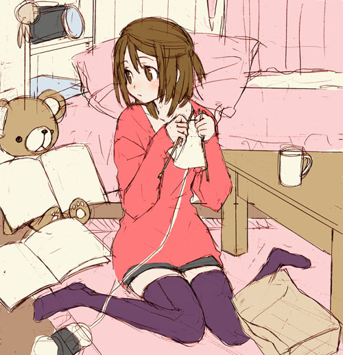 mattaku mousuke, original, 1girl, blush, brown eyes, brown hair, cup, female focus, knitting, shorts, sitting, sketch, solo, thighhighs, wariza