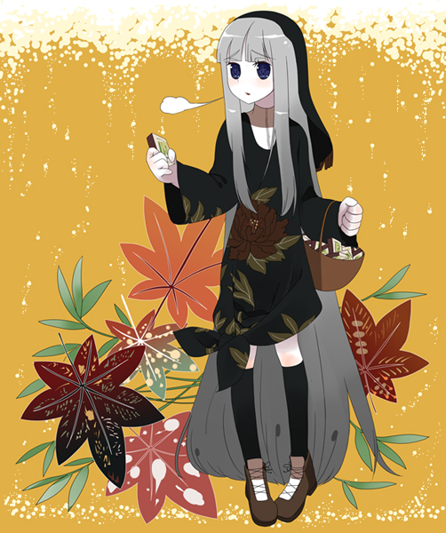 b-ginga, original, 1girl, ankle boots, autumn leaves, black thighhighs, boots, brown boots, female focus, full body, japanese clothes, kimono, leaf, long hair, simple background, solo, standing, symbol-shaped pupils, thighhighs, yellow background, zettai ryouiki