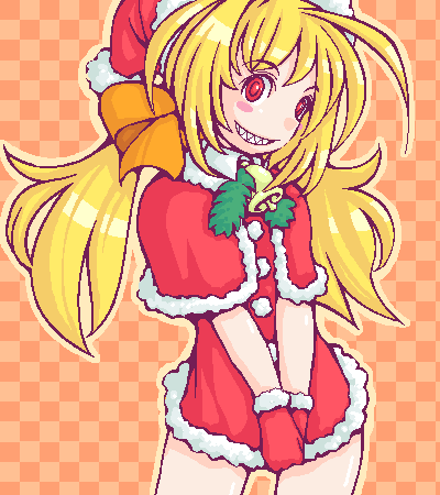 lowres, 1girl, bell, blonde hair, capelet, christmas, female focus, grin, hat, oekaki, santa costume, santa hat, sharp teeth, smile, solo, teeth