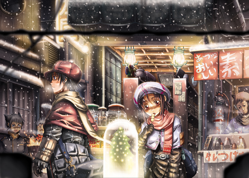 shigarami kyouma, original, framed, 1girl, 4boys, :d, ^ ^, air conditioner, animal ears, bag, belt, black eyes, black hair, blush, bottle, box, brown hair, capelet, cat ears, christmas tree, cigarette, closed eyes, closed mouth, coat, curtains, eating, fang, fire, food, frown, glass, gloves, hat, holding, holding food, lamp, long sleeves, looking at another, mirror, multiple boys, night, open mouth, paper, profile, red eyes, scarf, shelf, shop, shoulder bag, smile, smoke, smoking, snow, snowing, spiked hair, storefront, window