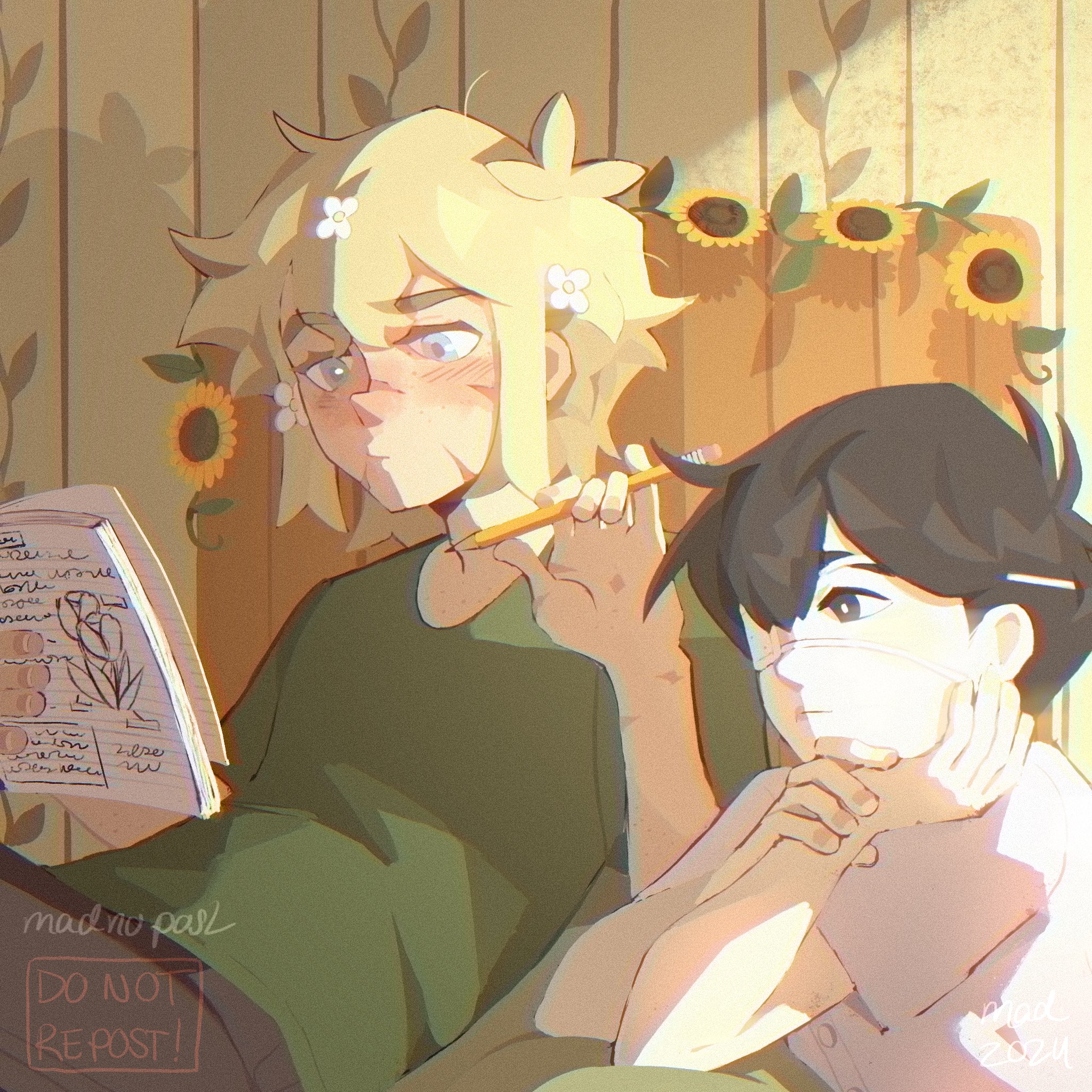 madnopost, basil (faraway) (omori), basil (omori), sunny (omori), omori, highres, spoilers, 2024, 2boys, alternate costume, antenna hair, artist name, black eyes, black hair, blonde hair, blue eyes, blush, bright pupils, closed mouth, facial scar, flower, green shirt, hair flower, hair ornament, holding, holding notebook, holding pencil, indoors, male focus, multiple boys, notebook, pencil, scar, scar on cheek, scar on face, scar on nose, shirt, short hair, short sleeves, sidelocks, sitting, t-shirt, white pupils, white shirt