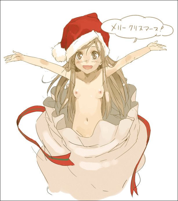 morii shizuki, original, translated, 1girl, bag, blush, breasts, brown eyes, brown hair, christmas, excited, female focus, gift, hat, in container, long hair, looking at viewer, nipples, nude, open mouth, outstretched arms, ribbon, sack, santa hat, small breasts, solo, spread arms