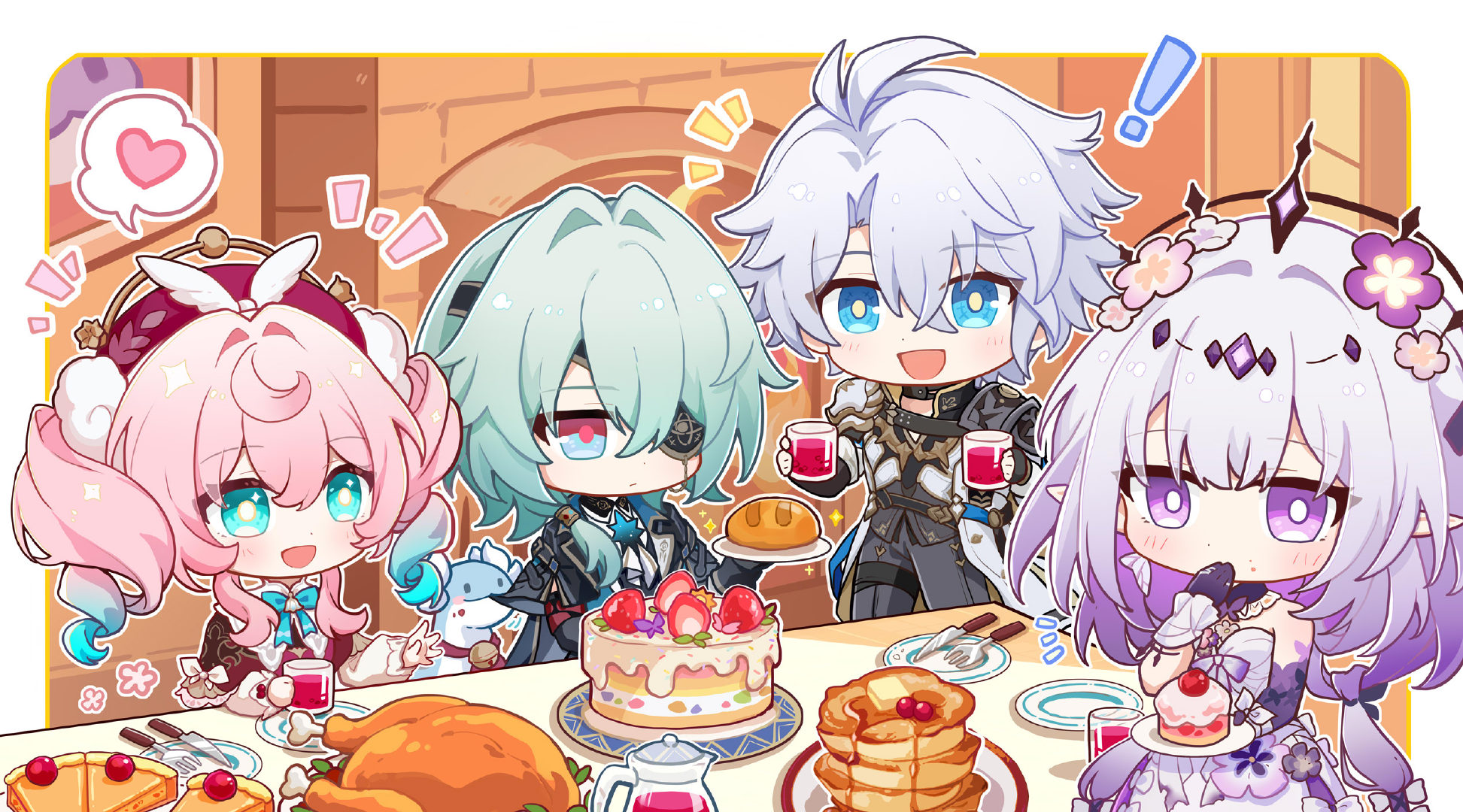 anaxa (honkai: star rail), castorice (honkai: star rail), hyacine (honkai: star rail), phainon (honkai: star rail), honkai: star rail, honkai (series), chinese commentary, commentary request, highres, !, 2boys, 2girls, aqua bow, aqua bowtie, aqua eyes, aqua hair, bare shoulders, black pants, black tiara, blue eyes, blush, bow, bowtie, bread, cake, chibi, chibi only, doll, dong ji w, dress, drink, dromas (honkai: star rail), food, fork, fruit, gradient hair, hair between eyes, hat, heart, holding, holding drink, indoors, knife, long hair, long sleeves, multicolored hair, multiple boys, multiple girls, pancake, pancake stack, pants, pink hair, plate, purple eyes, purple hair, red hat, sidelocks, speech bubble, strawberry, tiara, two-tone hair, white hair