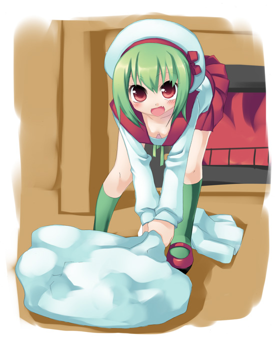 sazaki ichiri, original, 1girl, :d, bent over, beret, breasts, christmas, cleavage, collarbone, downblouse, female focus, fire, fireplace, full body, green hair, green socks, hat, holding, indoors, kneehighs, mary janes, open mouth, pleated skirt, red eyes, sack, sailor collar, school uniform, serafuku, shoes, skirt, small breasts, smile, socks, solo, white hat