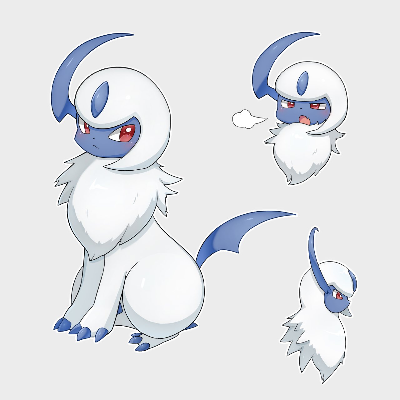 cosmos3572, absol, nintendo, pokemon, highres, animal focus, blue skin, blush, body fur, claws, closed mouth, colored skin, full body, gen 3 pokemon, horns, neck fur, no humans, open mouth, pokemon (creature), pokemon focus, red eyes, simple background, single horn, tail, white fur
