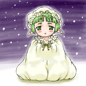 lowres, 1girl, androgynous, bag, elf, female focus, green eyes, green hair, hat, matching hair/eyes, mob cap, oekaki, pointy ears, short hair, snow, snowing, solo