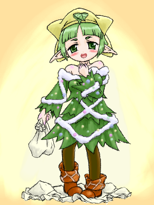 lowres, 1girl, brown pantyhose, christmas, christmas tree, elf, female focus, green eyes, green hair, matching hair/eyes, oekaki, pantyhose, pointy ears, short hair, solo, tree