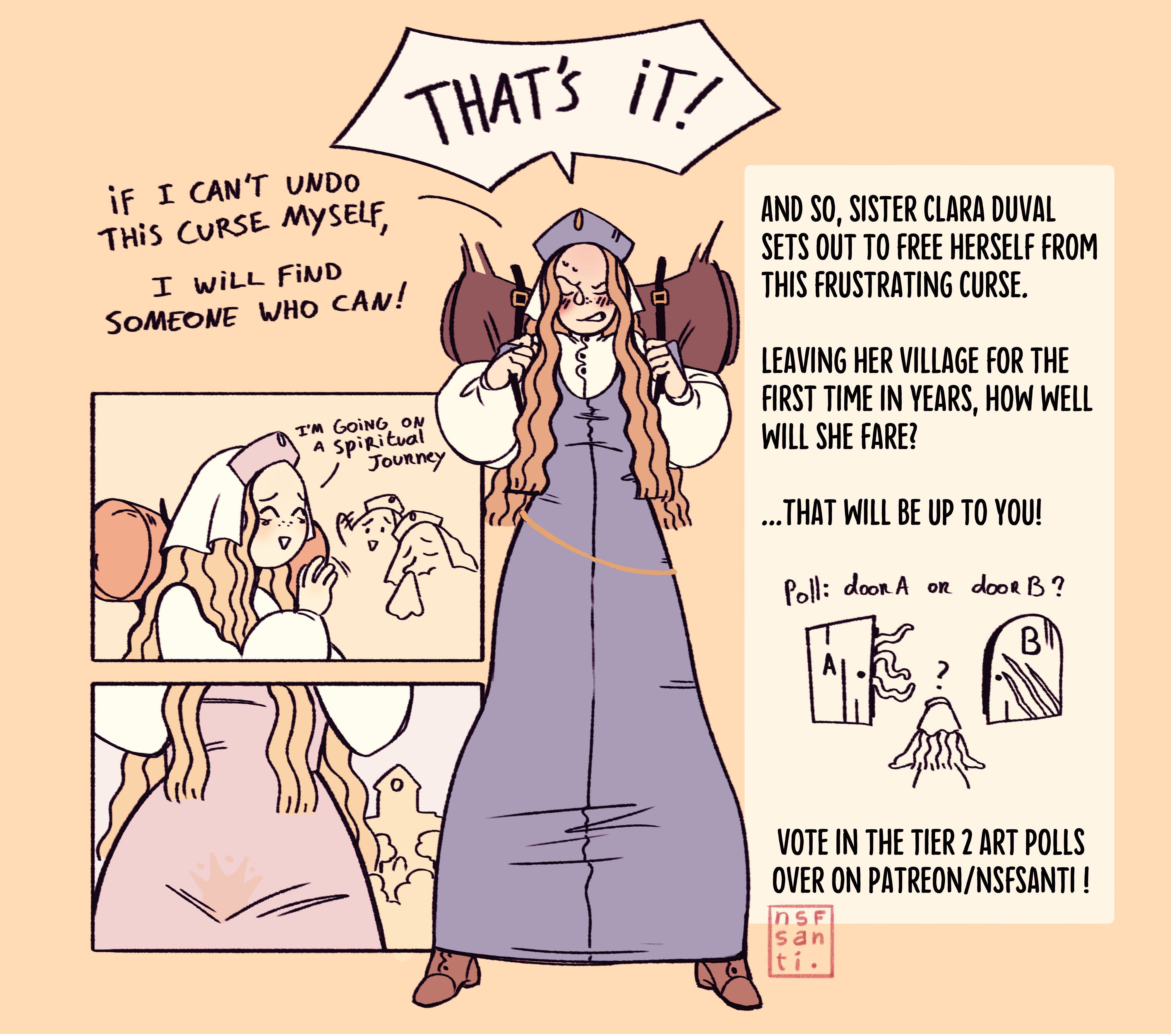luka (nousanti), original, absurdres, commentary, english commentary, highres, 3girls, backpack, bag, blonde hair, blue dress, brown shoes, door, dress, freckles, hat, long sleeves, multiple girls, nun, puffy long sleeves, puffy sleeves, shoes, signature, stain, sweat, tentacles