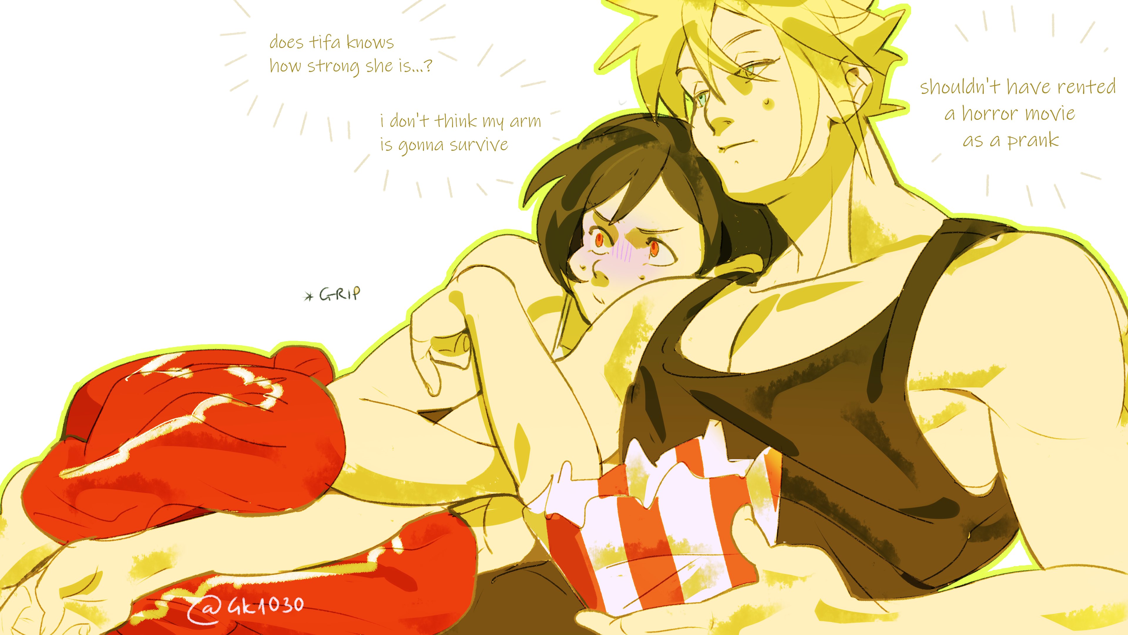 4k1030, cloud strife, tifa lockhart, final fantasy, final fantasy vii, absurdres, highres, 1boy, 1girl, arm hug, bare arms, bare shoulders, barefoot, black hair, black tank top, blonde hair, blue eyes, camisole, collarbone, english text, feet out of frame, food, head on another's shoulder, holding, holding another's arm, leaning forward, leaning on person, long hair, pants, popcorn, red eyes, red pants, scared, short hair, simple background, sitting, spaghetti strap, sweatdrop, tank top, twitter username, upper body, watching, watching television, white background, white camisole, yokozuwari