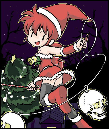 lowres, 1girl, christmas, dress, female focus, oekaki, panties, ponytail, santa costume, skull, solo, strapless, strapless dress, thighhighs, tree, underwear
