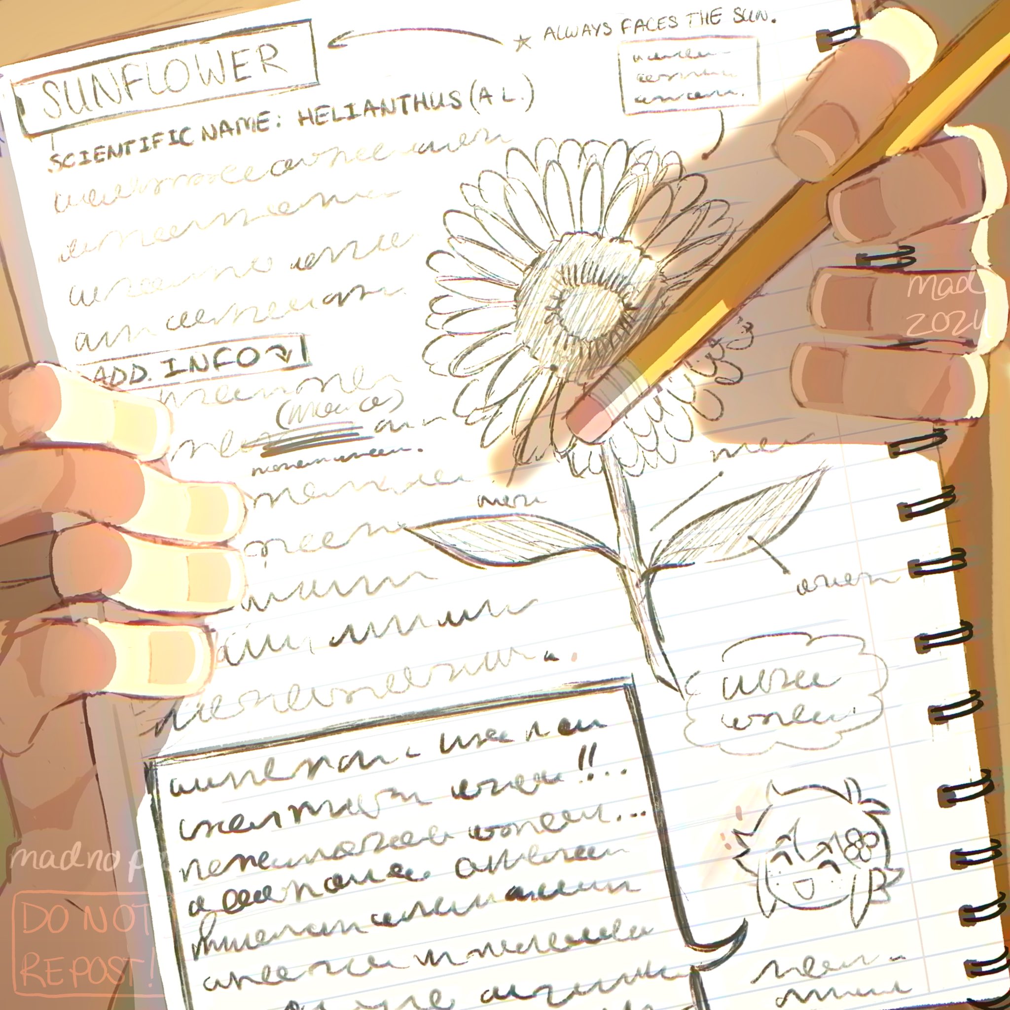 madnopost, basil (faraway) (omori), basil (omori), omori, highres, 1boy, 2024, artist name, english text, holding, holding notebook, holding pencil, notebook, pencil, scar, scar on hand, solo