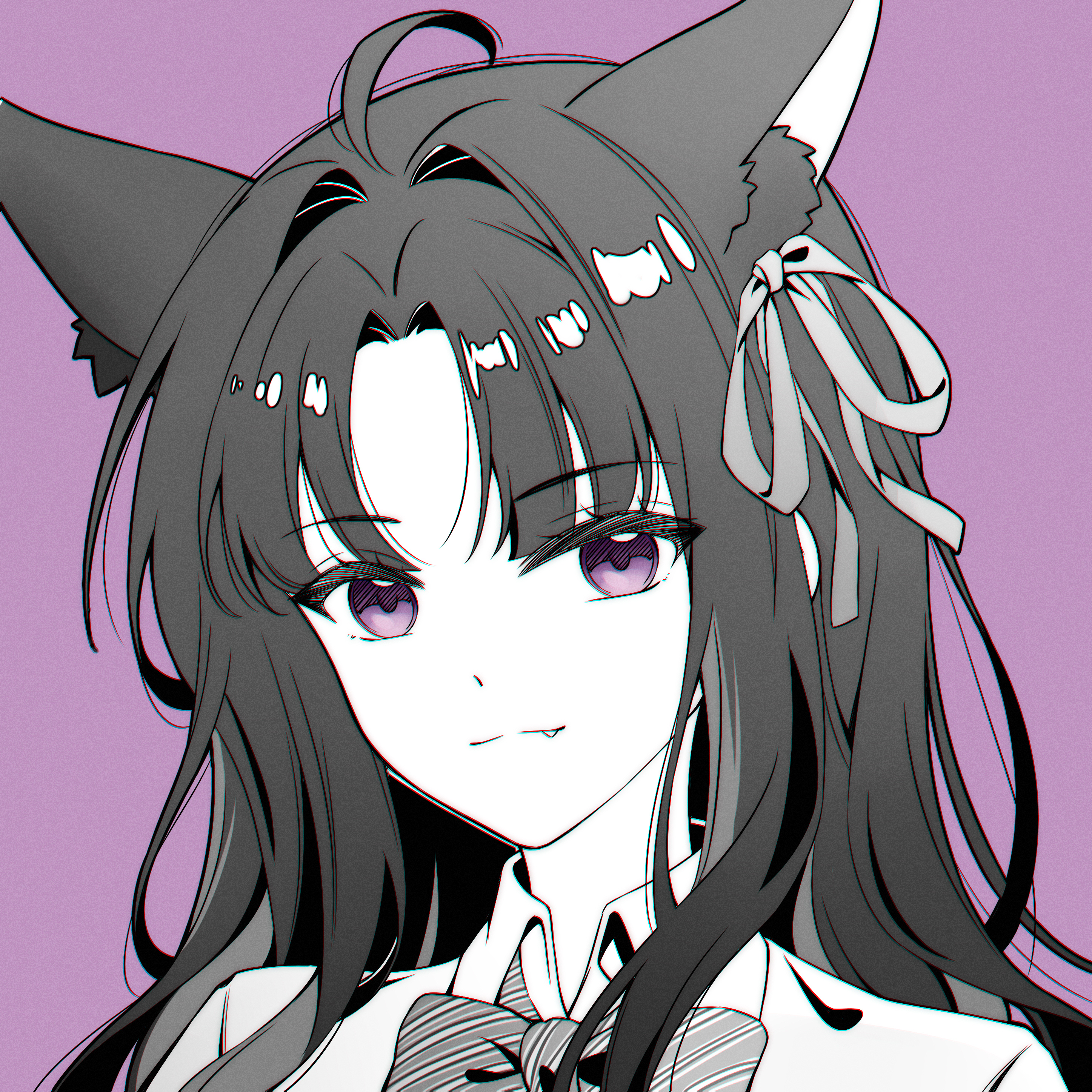 awa subaru, girls band cry, absurdres, commission, highres, second-party source, 1girl, animal ear fluff, animal ears, black hair, fang, fox ears, fox girl, hair tie, long hair, looking at viewer, portrait, purple background, purple eyes, simple background, smile, solo, user kkux7724