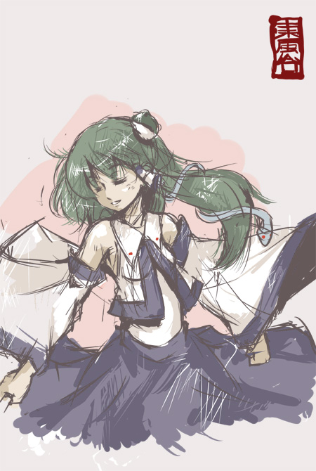 marionette online, satomura kyou, kochiya sanae, touhou, 1girl, :d, aiming, aiming at viewer, arms up, blue skirt, blush, closed eyes, collar, cowboy shot, detached sleeves, female focus, frog hair ornament, hair ornament, long hair, long sleeves, nontraditional miko, open mouth, sketch, skirt, smile, snake hair ornament, solo, vest, white background, wide sleeves