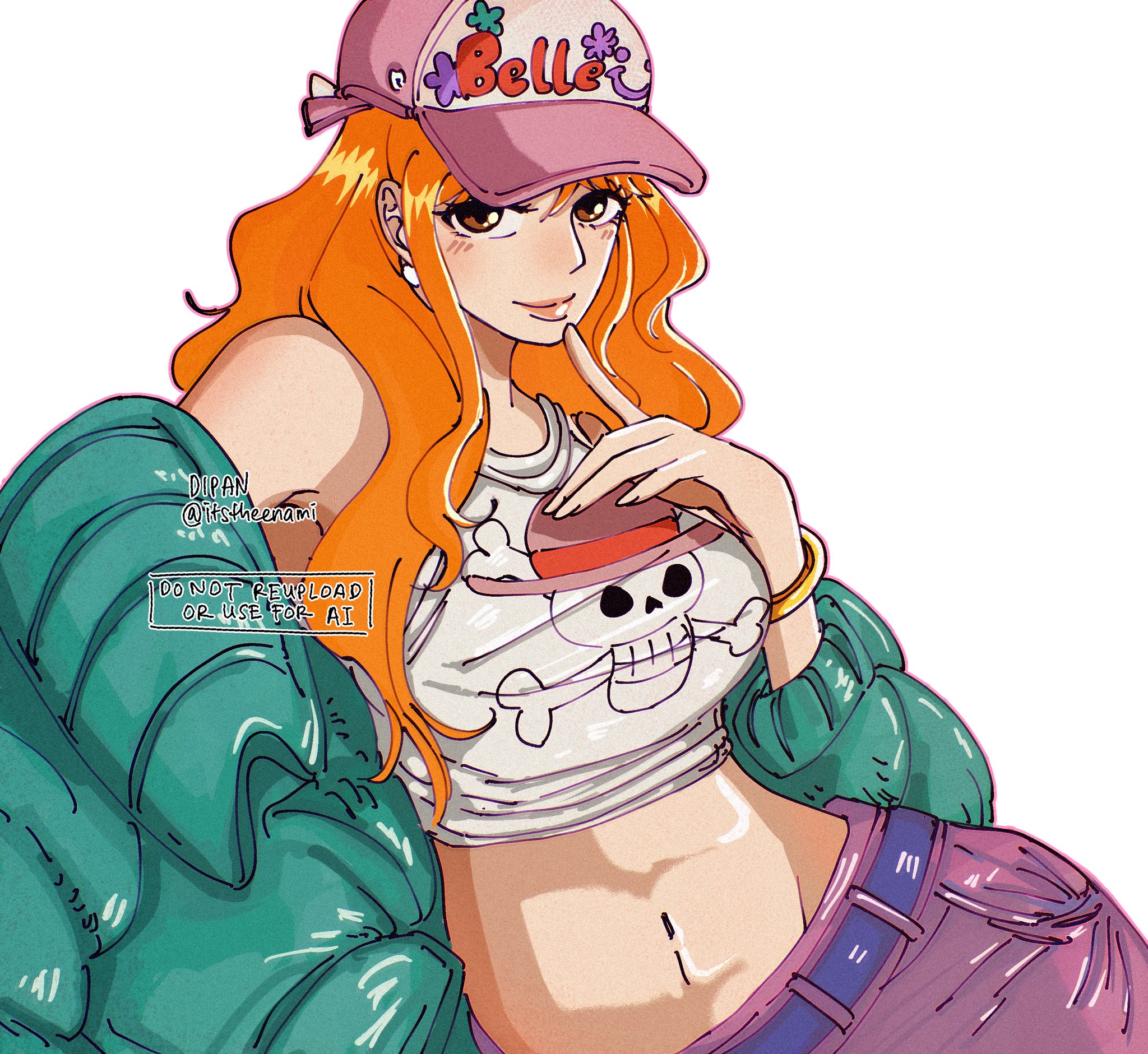 itstheenami, nami (one piece), one piece, highres, 1girl, aqua cardigan, bare shoulders, baseball cap, belly, brown eyes, cardigan, closed mouth, crop top, earrings, finger to own chin, hat, jewelry, jolly roger, light blush, lips, long hair, looking at viewer, midriff, navel, official alternate costume, open cardigan, open clothes, orange hair, pants, pearl earrings, print shirt, purple pants, shirt, solo, straw hats jolly roger, tank top, twitter username, upper body, wavy hair, white background, white tank top
