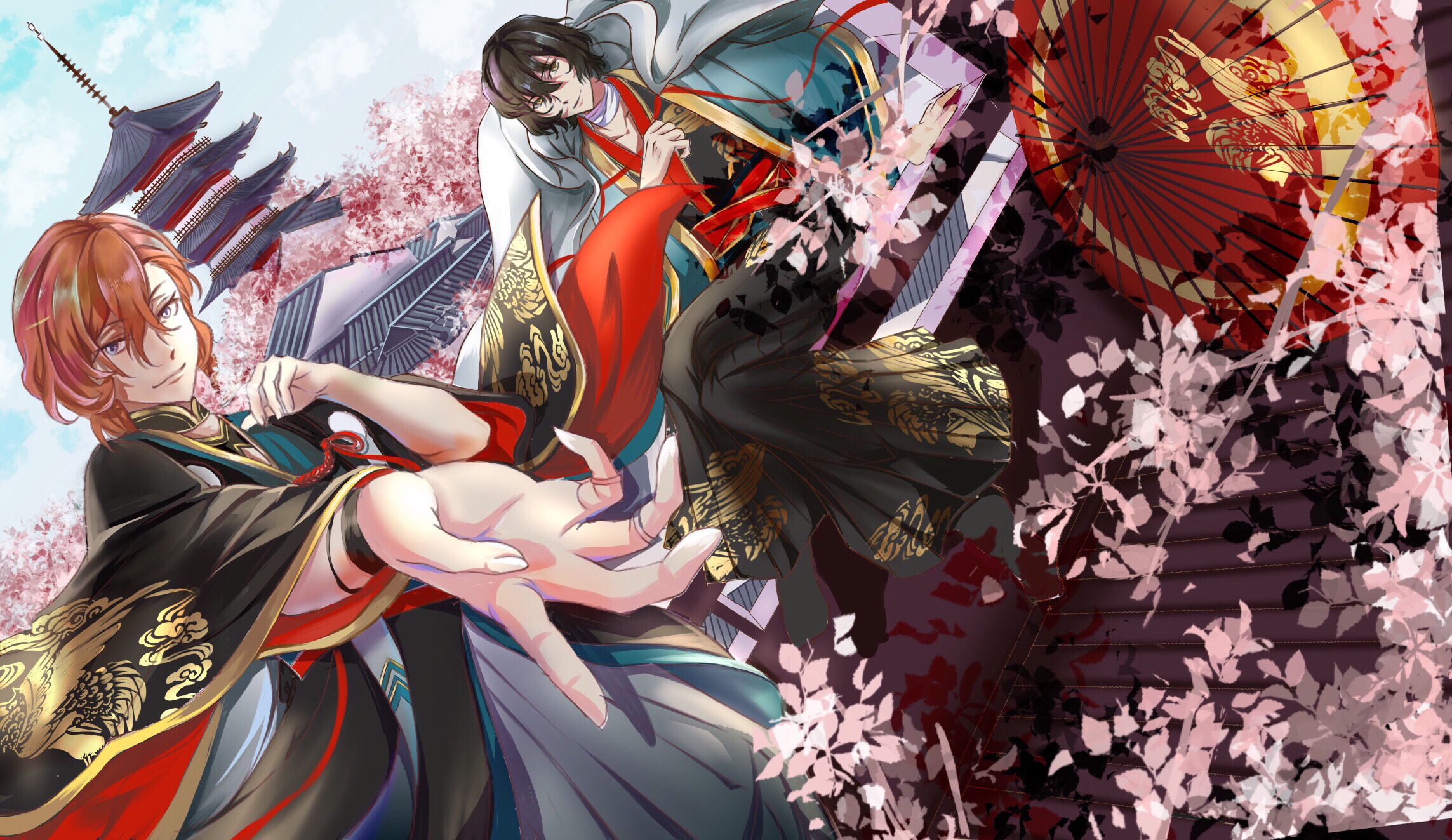 bungou stray dogs, character request, highres, 2boys, architecture, ass (pixiv 39703734), black boots, black hair, black hakama, black kimono, blue jacket, blue sky, boots, castle, cherry blossoms, closed mouth, cloud, coat, coat on shoulders, day, dutch angle, east asian architecture, flower, full body, grey coat, grey eyes, grey hakama, hair between eyes, hakama, hakama pants, haori, happi, jacket, japanese clothes, kimono, lips, long sleeves, male focus, multiple boys, offering hand, oil-paper umbrella, on roof, orange hair, outdoors, outstretched hand, pants, pink flower, red umbrella, shadow, short hair, short kimono, sitting, sky, smile, spring (season), two-sided sleeves, umbrella, wide sleeves