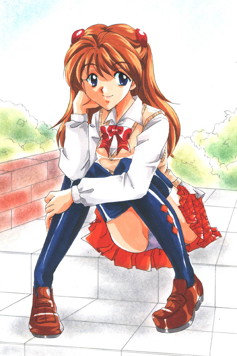 souryuu asuka langley, neon genesis evangelion, highres, panties, pantyshot, skirt, solo, thighhighs, underwear