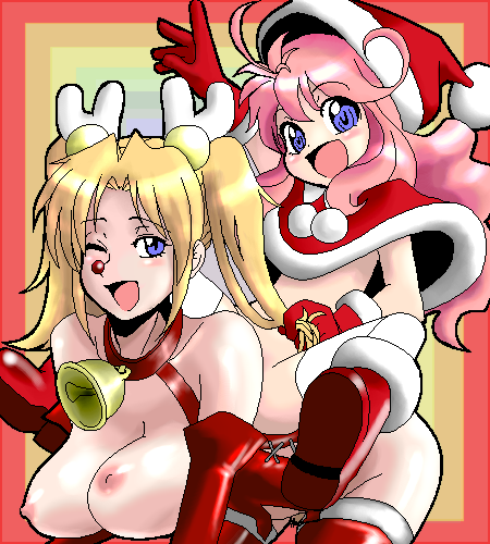artist request, bad id, bad pixiv id, copyright request, lowres, 2girls, antlers, bell, christmas, hat, horns, loli, multiple girls, neck bell, oekaki, santa costume, thighhighs