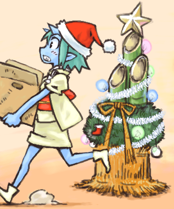 lowres, bamboo, blue oni, blue skin, christmas, colored skin, demon girl, hat, kadomatsu, oekaki, oni, santa hat, solo