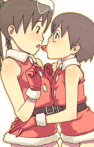 hijiri rei, amasawa yuuko, okonogi yuuko, dennou coil, lowres, 00s, 2girls, belt, christmas, dress, female focus, food, fruit, glasses, gloves, imminent kiss, mouth hold, multiple girls, oekaki, outline, red dress, red gloves, santa costume, short hair, simple background, sleeveless, sleeveless dress, strawberry, white background, yuri