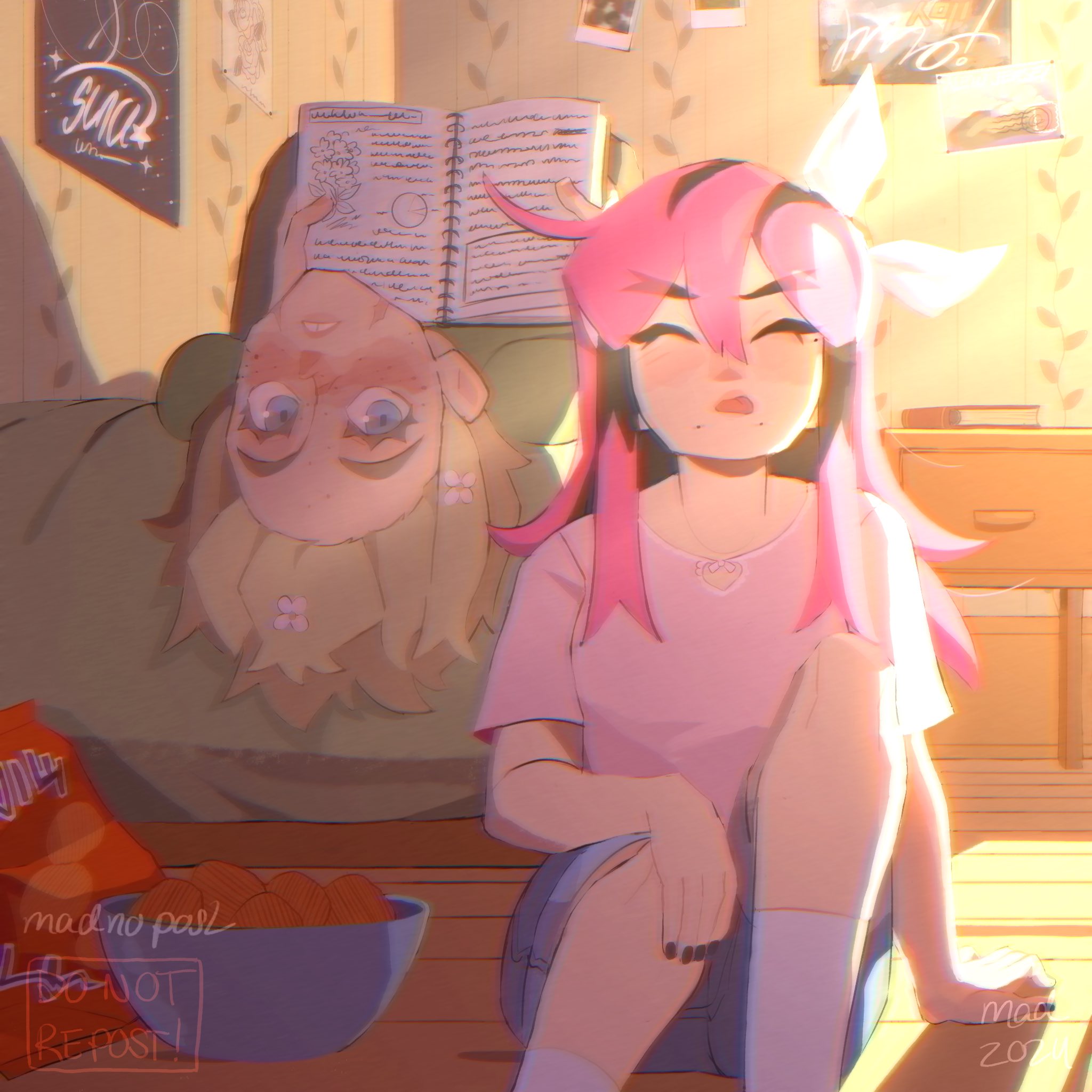 madnopost, aubrey (faraway) (omori), aubrey (omori), basil (faraway) (omori), basil (omori), omori, highres, 1boy, 1girl, 2024, alternate costume, alternate hair color, arm support, artist name, black hair, black nails, blonde hair, blue eyes, blue shorts, blush, bowl, closed eyes, denim, denim shorts, double-parted bangs, facial scar, flower, green shirt, hair between eyes, hair flower, hair ornament, hair ribbon, holding, holding notebook, indoors, long hair, lying, mole, mole under eye, mole under mouth, multicolored hair, notebook, on back, pink hair, pink shirt, ribbon, scar, scar on cheek, scar on face, scar on nose, shirt, short hair, short sleeves, shorts, socks, t-shirt, two-tone hair, upside-down, white socks