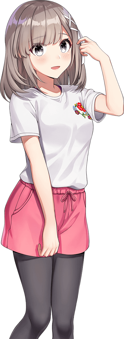 shirako miso, mutsuishi haruna, cue!, official art, 1girl, black pantyhose, blush, breasts, brown hair, cowboy shot, floral print, grey eyes, hair ribbon, hand in own hair, hand up, looking at viewer, medium breasts, medium hair, open mouth, pantyhose, pink shorts, ribbon, shirt, shorts, simple background, smile, solo, standing, t-shirt, tachi-e, tented shirt, transparent background, white ribbon, white shirt