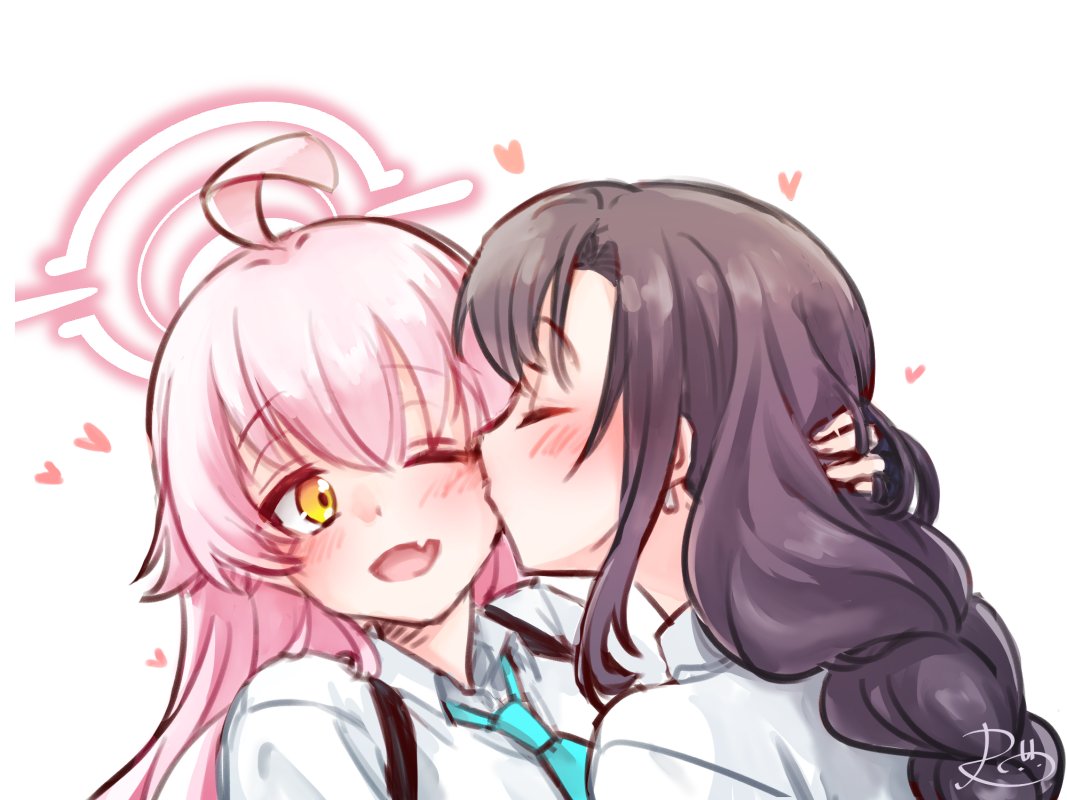 rarasa (rarasa), female sensei (blue archive), hoshino (blue archive), sensei (blue archive), blue archive, 2girls, ahoge, black hair, blue necktie, blush, collared shirt, fang, from side, halo, heart, kiss, kissing cheek, long hair, multiple girls, necktie, one eye closed, open mouth, pink hair, pink halo, shirt, simple background, skin fang, smile, white background, white shirt, yellow eyes, yuri