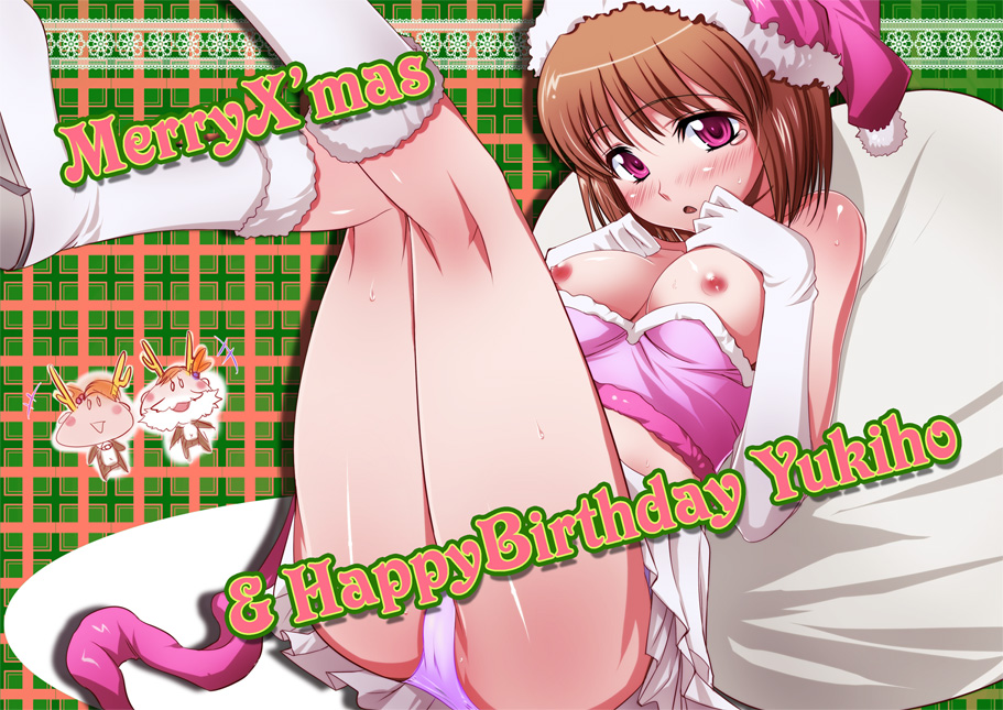 kantaka, futami ami, futami mami, hagiwara yukiho, idolmaster, idolmaster (classic), idolmaster 1, 00s, 1girl, boots, breasts, christmas, cute & girly (idolmaster), elbow gloves, female focus, gloves, kneepits, medium breasts, nipples, panties, santa costume, siblings, sisters, solo, twins, underwear, white gloves