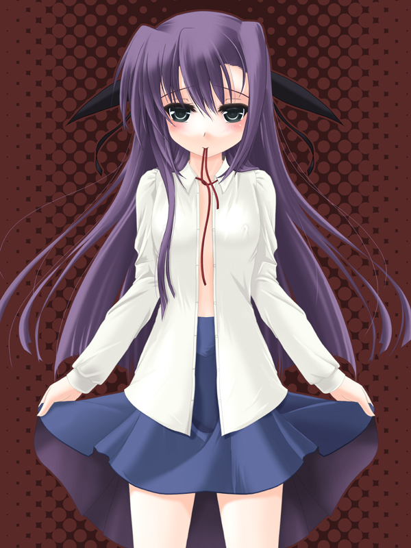 frapowa, ginga nakajima, lyrical nanoha, mahou shoujo lyrical nanoha, mahou shoujo lyrical nanoha strikers, 00s, blush, clothes lift, green eyes, hair ribbon, long hair, mouth hold, open clothes, open shirt, purple hair, ribbon, shirt, skirt, skirt lift, solo