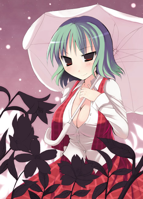 kujiran, kazami yuuka, touhou, 1girl, breasts, cleavage, female focus, flower, green hair, large breasts, naughty face, open clothes, open shirt, plaid clothes, plaid skirt, plaid vest, red eyes, shirt, short hair, skirt, skirt set, sky, solo, star (sky), starry sky, umbrella, vest