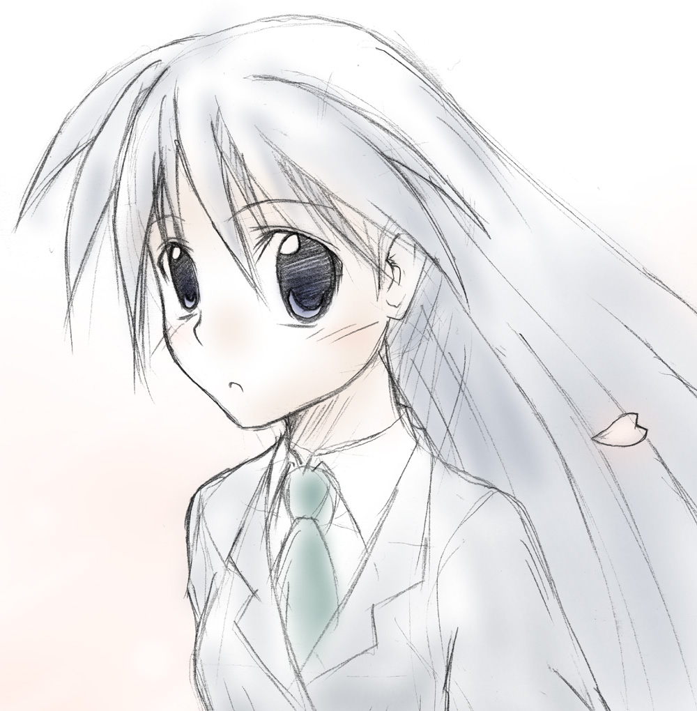 tatsuki yuuta, kajiwara sora, sketchbook full colors, 00s, 1girl, :o, blue eyes, blue hair, blush, female focus, long hair, looking at viewer, matching hair/eyes, necktie, open mouth, petals, school uniform, simple background, sketch, solo, white background