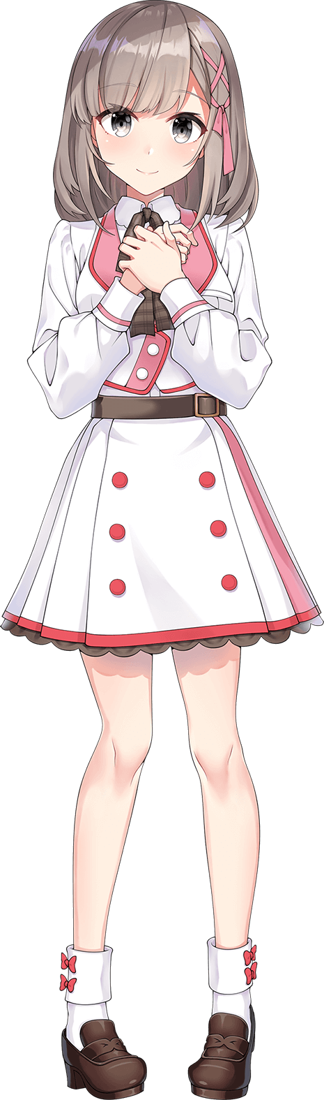 shirako miso, mutsuishi haruna, cue!, highres, official art, 1girl, belt, brown belt, brown hair, brown ribbon, brown shoes, checkered ribbon, closed mouth, collared shirt, full body, grey eyes, hair ribbon, jacket, loafers, long sleeves, looking at viewer, own hands together, pink ribbon, ribbon, shirt, shoes, simple background, skirt, smile, socks, solo, standing, tachi-e, transparent background, white jacket, white shirt, white skirt, white socks