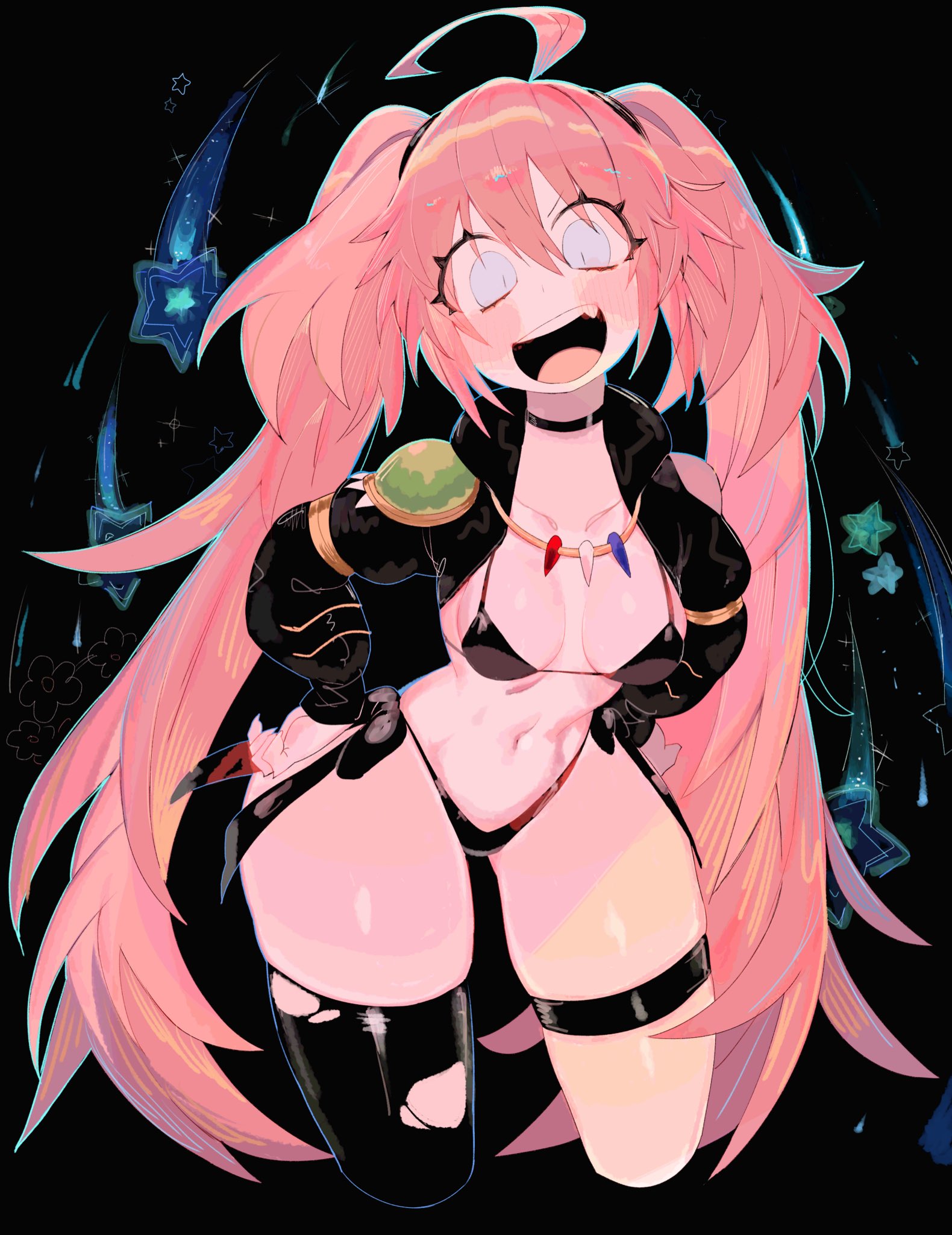 usa37107692, milim nava, tensei shitara slime datta ken, highres, 1girl, ahoge, black panties, blue eyes, blush, breasts, hair between eyes, long hair, long sleeves, looking at viewer, navel, open mouth, panties, pink hair, small breasts, smile, solo, striped clothes, striped thighhighs, thighhighs, twintails, underwear, very long hair