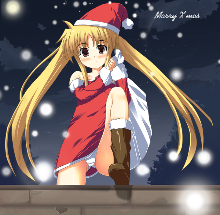 odaya, odayan, fate testarossa, lyrical nanoha, mahou shoujo lyrical nanoha, mahou shoujo lyrical nanoha a's, 00s, 1girl, blonde hair, blush, boots, christmas, female focus, long hair, panties, red eyes, santa costume, solo, twintails, underwear, very long hair