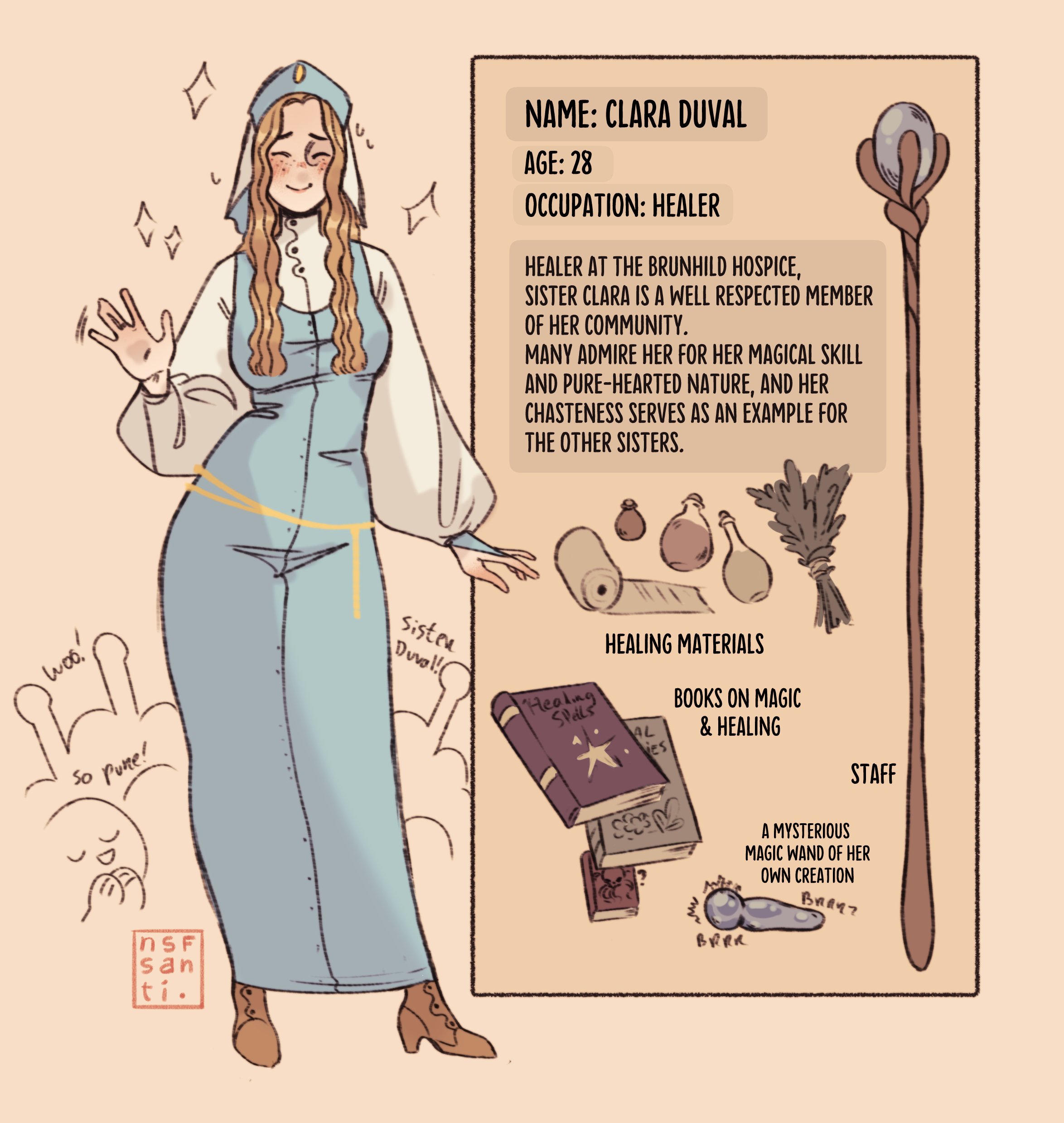 luka (nousanti), original, absurdres, commentary, english commentary, highres, 1girl, blonde hair, blue dress, book, boots, breasts, bridal gauntlets, brown boots, closed eyes, contrapposto, dress, english text, flask, freckles, hat, long dress, long sleeves, medium breasts, nun, puffy long sleeves, puffy sleeves, sex toy, signature, smile, solo focus, staff, waving