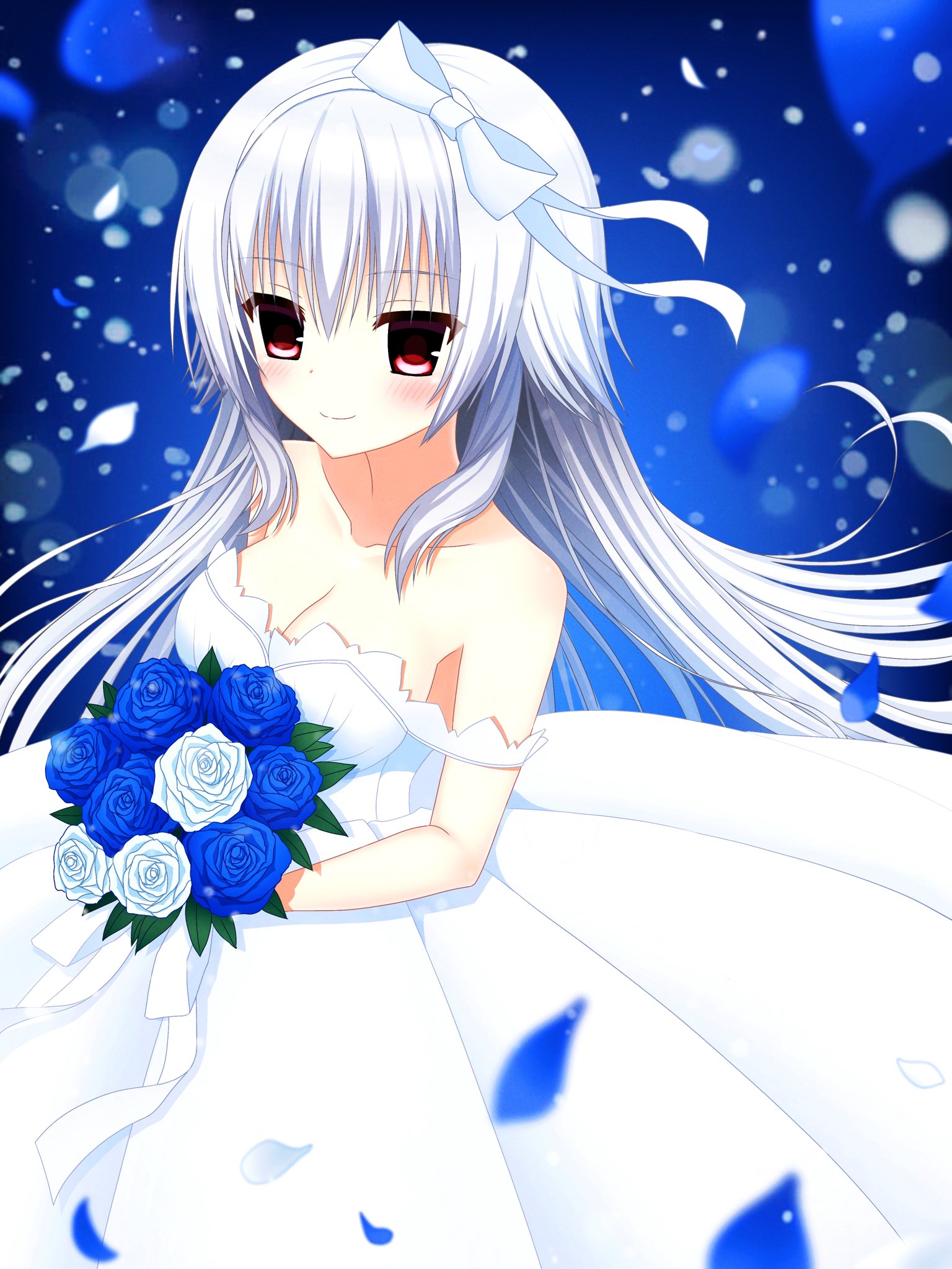 nuta ung, narumi toa, wagamama high spec, alt text, commentary request, commission, highres, skeb commission, 1girl, alternate costume, bare shoulders, blue background, blue flower, blue rose, blurry, blush, bouquet, bow, breasts, bride, cleavage, closed mouth, collarbone, depth of field, dress, falling petals, feet out of frame, floating hair, flower, hair between eyes, hair bow, hair ribbon, holding, holding bouquet, long hair, looking at viewer, medium breasts, off-shoulder dress, off shoulder, petals, red eyes, ribbon, rose, sidelocks, simple background, sleeveless, sleeveless dress, smile, solo, split mouth, standing, straight hair, very long hair, white bow, white dress, white flower, white hair, white ribbon, white rose