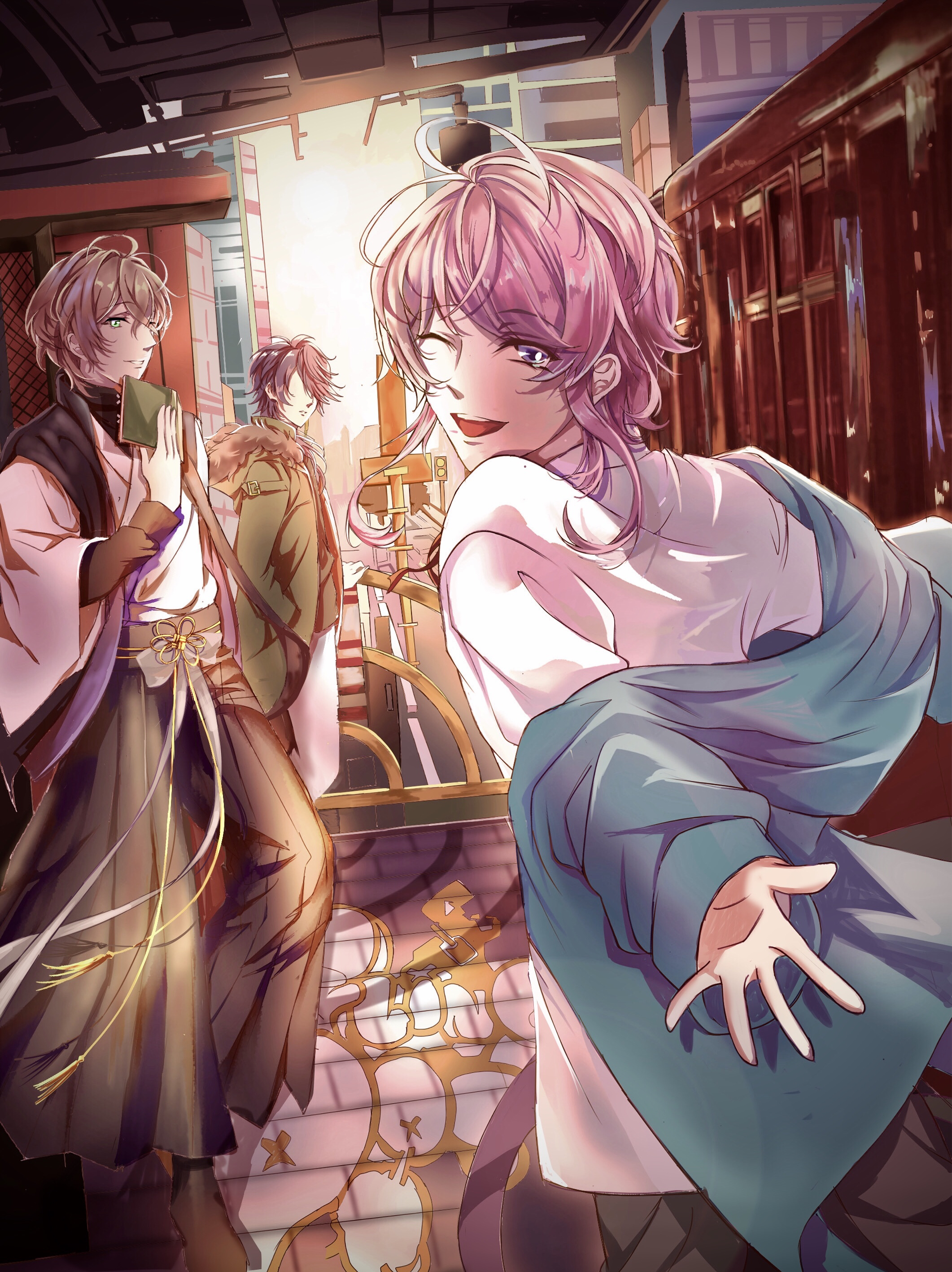 amemura ramuda, arisugawa dice, yumeno gentaro, hypnosis mic, absurdres, highres, 3boys, antenna hair, aqua jacket, ass (pixiv 39703734), black coat, black hair, black hakama, black pants, blue eyes, bow, brown hair, city, closed mouth, coat, cowboy shot, denim, expressionless, faceless, faceless male, fling posse, full body, fur-trimmed hood, fur trim, green coat, grey bow, hair between eyes, hair over one eye, hakama, hakama pants, hands in pockets, hood, hood down, hooded coat, hooded jacket, jacket, jacket partially removed, japanese clothes, jeans, jinbaori, kimono, layered sleeves, long sleeves, looking at viewer, looking back, loose hair strand, male focus, multiple boys, one eye closed, open mouth, outdoors, outstretched arms, palms, pants, pink hair, pointy nose, road, shirt, short hair with long locks, short kimono, smile, street, sunrise, swept bangs, teeth, traffic light, train, train station, upper teeth only, waist bow, white eyes, white kimono, white pants, white shirt, wide sleeves