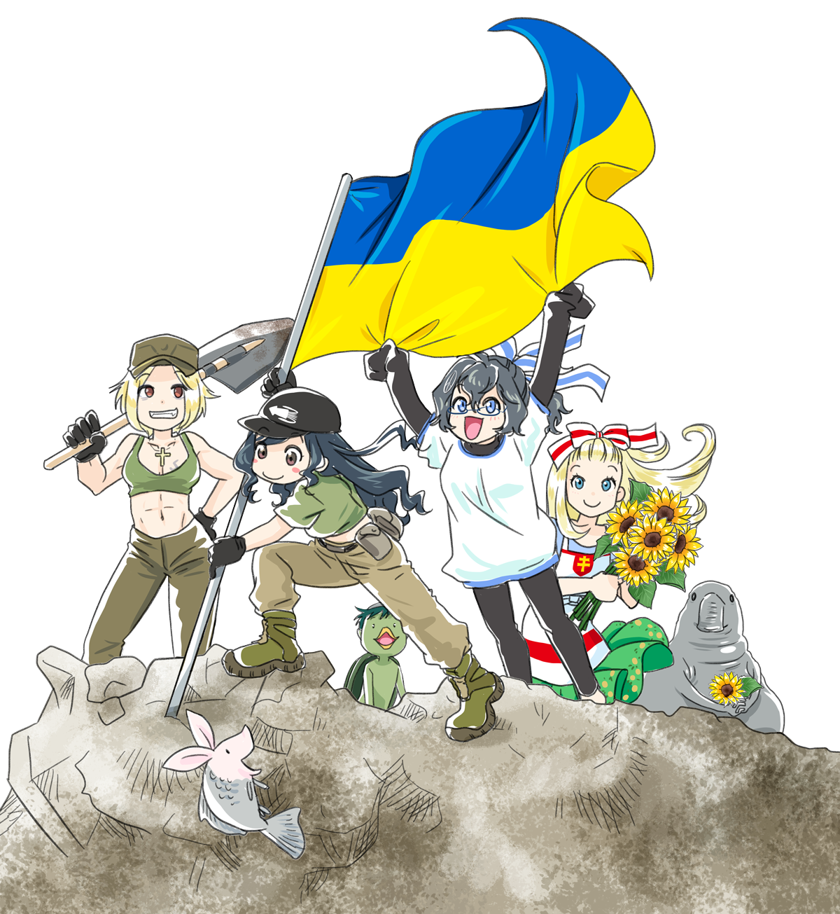 japanon, homunculus loxodontus, kraken (japanon), lera (sighttobehold), marichka, paulinka (japanon), original, character request, highres, non-web source, revision, 3others, 4girls, abs, baseball cap, belarusian flag, belarusian flag print, belt, black belt, black hair, black hat, black leggings, blonde hair, blue eyes, blue hair, boots, brown eyes, brown pants, cross, cross necklace, flower, green boots, green tank top, hat, jewelry, leggings, long hair, multiple girls, multiple others, navel, necklace, pants, peaked cap, russo-ukrainian war, schweinokaras, sunflower, tank top, ukrainian flag