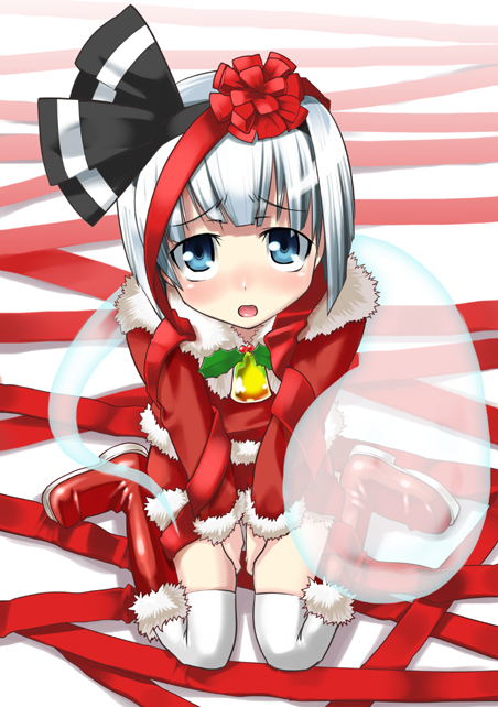 gengorou, konpaku youmu, konpaku youmu (ghost), touhou, silver hair, 1girl, bell, blue eyes, blush, boots, bow, christmas, female focus, hairband, hitodama, kneeling, open mouth, ribbon, santa costume, short hair, solo, thighhighs
