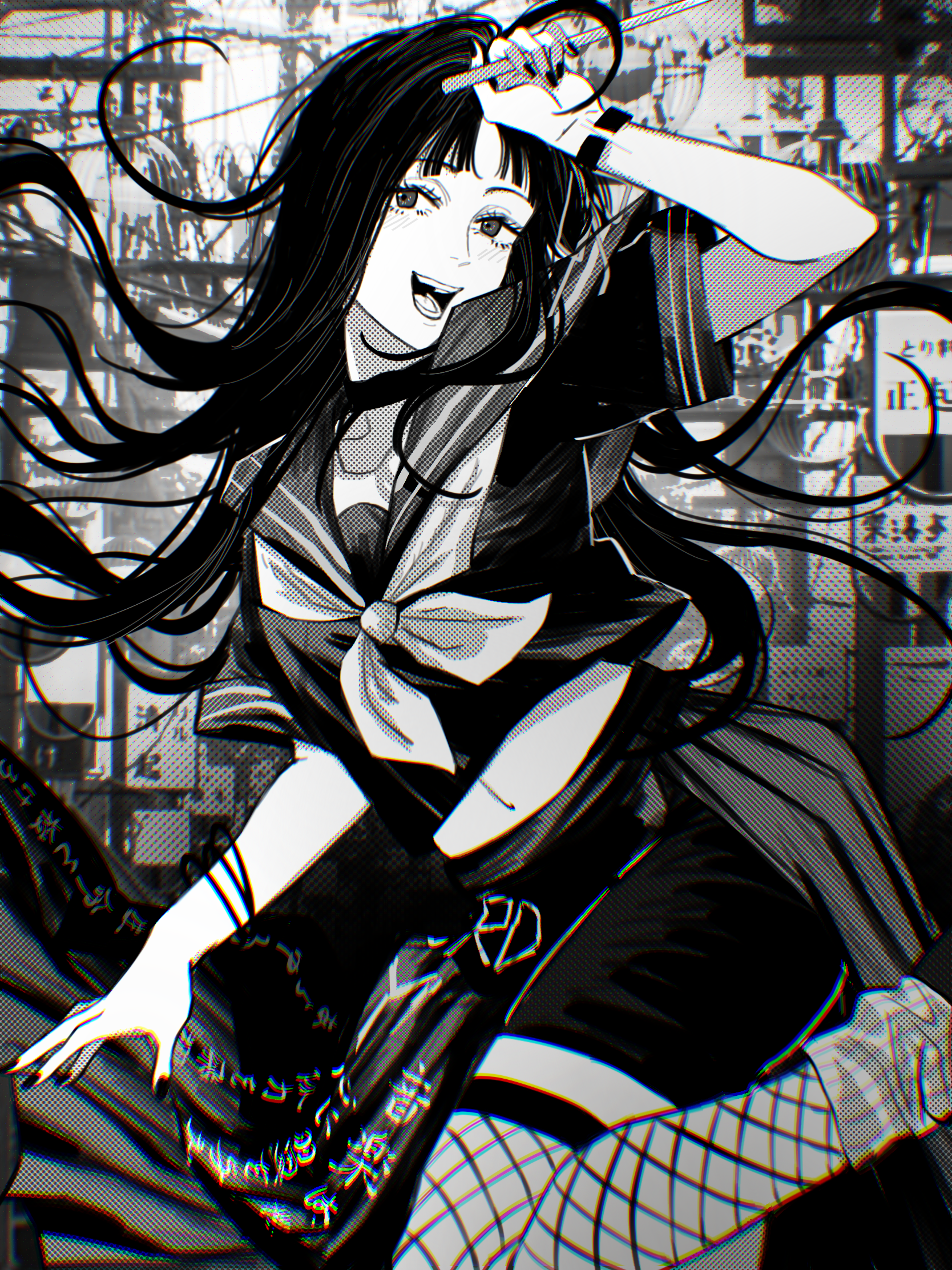 awa subaru, girls band cry, commission, highres, second-party source, 1girl, ascot, blunt bangs, collarbone, fishnet thighhighs, fishnets, fujimoto tatsuki (style), greyscale, holding, holding staff, long hair, looking at viewer, monochrome, nail polish, navel, open mouth, parted bangs, puffy short sleeves, puffy sleeves, sailor collar, school uniform, short sleeves, smile, solo, staff, thighhighs, user kkux7724